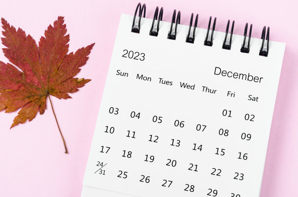 2023年12月台历，粉红色背景为秋季枫叶。图片下载