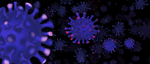 黑色背景上的冠状病毒分子。Covid-19，世界大流行概念。图片下载