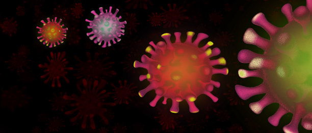 黑色背景上的冠状病毒分子。Covid-19，世界大流行概念。图片下载