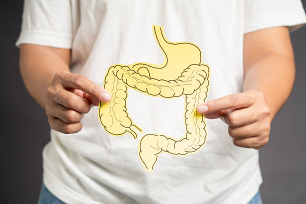 站在灰色的背景上，手里拿着一个用黄色纸做成的大肠形状图片下载