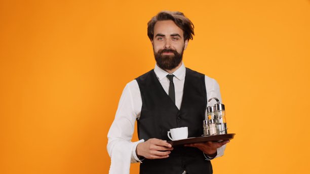 服务员端着装有饮料的大盘子图片下载