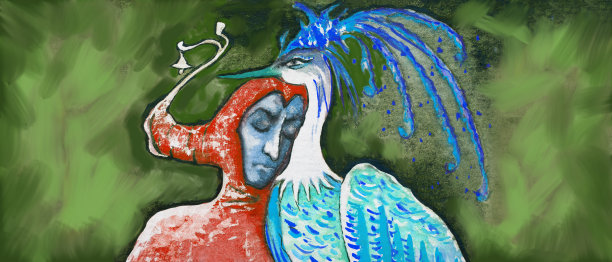 水彩插画：舞台服装和头饰的男小丑与蓝色神鸟图片下载