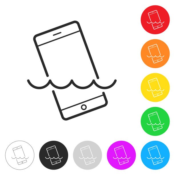 智能手机在水里。彩色按钮上的图标图片下载