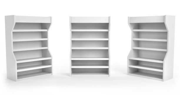 大PDQ显示，3个不同角度的空包装显示。销售点显示。POP & POS. 3D渲染图片下载