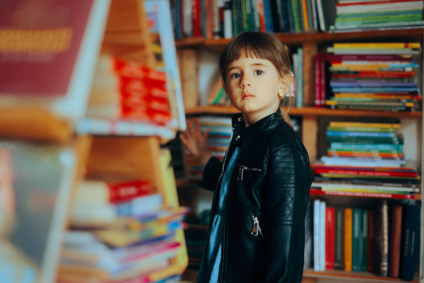 聪明又好奇的小女孩逛书店图片下载