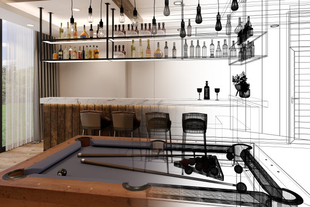桌球台与柜台酒吧在放松室，三维渲染线框图片下载