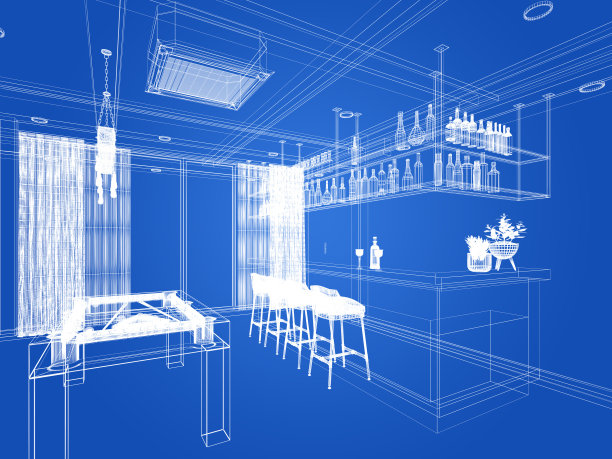 桌球台与柜台酒吧在放松室，三维渲染线框图片下载