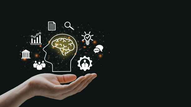 技能、知识和能力。男子手持图标的技能与黑色背景。思维、创造力、管理、数字技能。教育的概念。副本的空间。图片下载