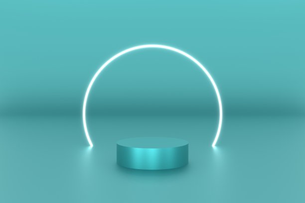 产品背景舞台或讲台采用蓝色3d平台，空白展示平台采用环形霓虹灯白色。三维插图渲染图片下载