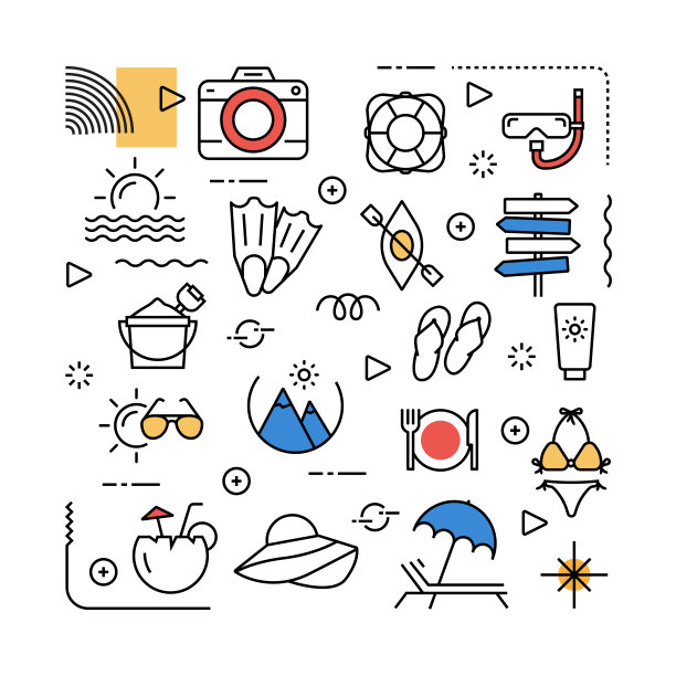 与夏季和海滩相关的设计元素。带有轮廓图标的图案设计。色彩斑斓的矢量图图片下载