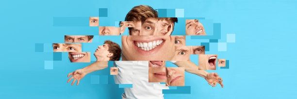 年轻人在蓝色背景上表达着快乐、愤怒、震惊、疲倦等不同的情绪。创意概念设计。图片下载