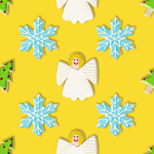 圣诞树，蓝色雪花和天使:圣诞饼干重复图案背景墙纸图片下载