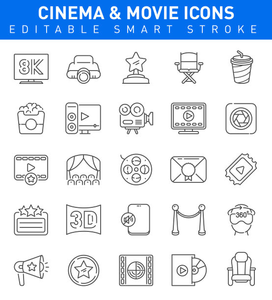 电影和电影线图标与电影工业，多媒体，计算机和奖项标志。可编辑的矢量插图图片下载