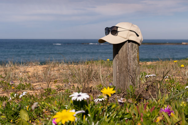 澳大利亚海滩上的一根杆子上戴着墨镜的帽子图片下载