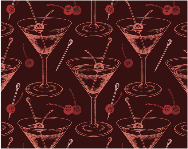 手绘手绘曼哈顿鸡尾酒在玻璃与白兰地樱桃分离的红色背景图案。图片下载