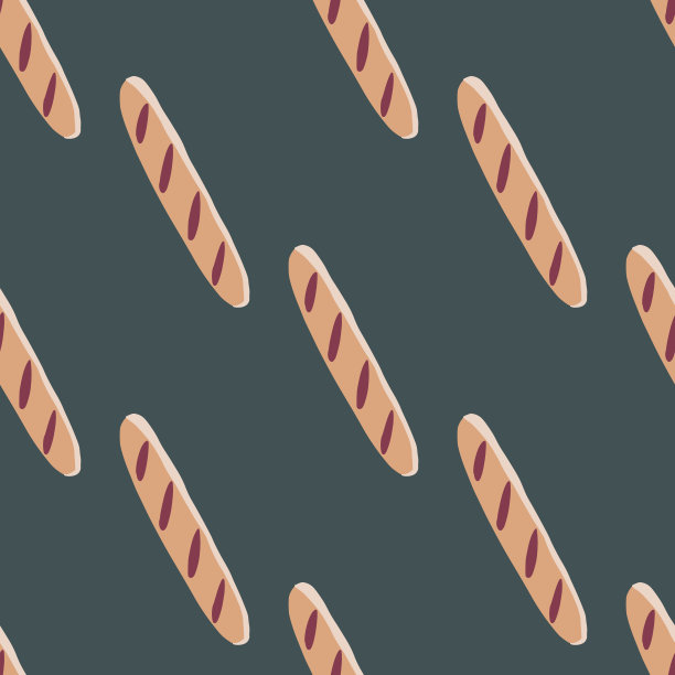 极简的无缝图案与涂鸦面包装饰。以深灰色为背景的橙色调面包印刷。图片下载