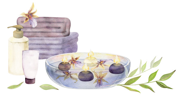 手绘水彩水疗和沐浴美容产品配件浮动蜡烛。水平组合。孤立在白色背景上。设计养生度假，印刷，织物，封面，卡片，小册子。图片下载