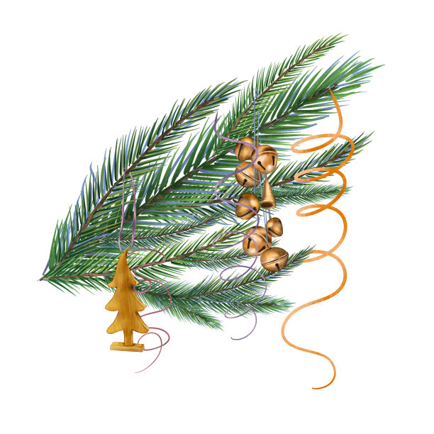 云杉树枝与圣诞装饰数字水彩风格插图孤立的白色。木制玩具，蛇形，铃手绘。元素为2024年新年设计，节日印花，问候图片下载
