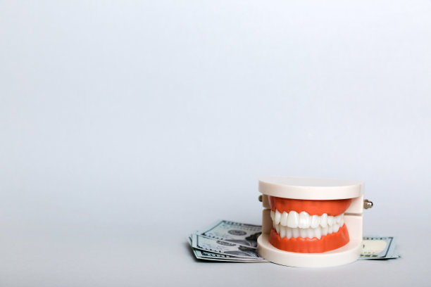 特写模型的人的下巴与白色的牙齿和美元。牙科概念照片。假牙科。带有复制空间的假全景视图图片下载