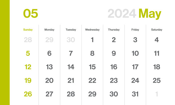 2024年5月-月历。极简风格的景观水平日历2024年。向量模板。一周从周日开始图片下载