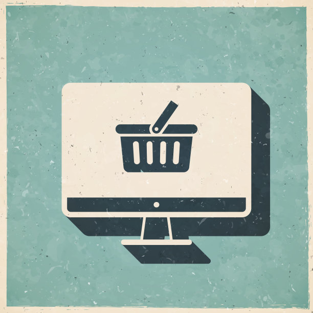 带购物篮的台式电脑。图标复古复古风格-旧纹理纸图片下载