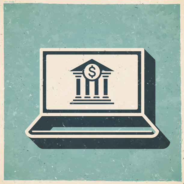 带银行的笔记本电脑。图标复古复古风格-旧纹理纸图片下载