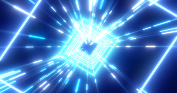 抽象的蓝色能源未来高科技方形隧道的飞行线霓虹魔术发光的背景图片下载