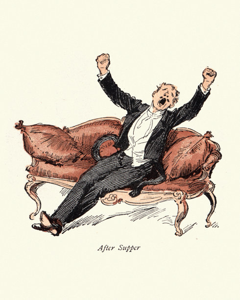 维多利亚时代的漫画，布朗德伯先生，吃完晚饭后打呵欠的男人图片下载