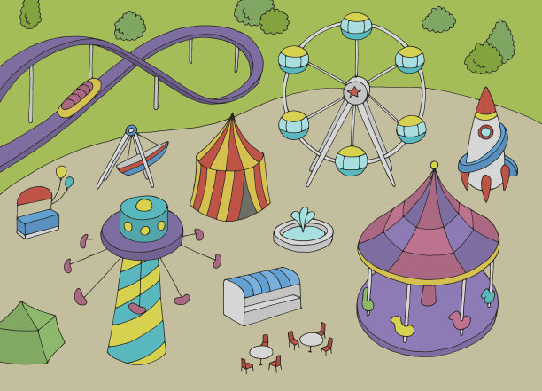 游乐园景观鸟瞰图彩色素描插图矢量图片下载