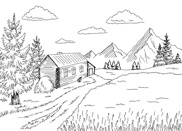 木屋附近田野图形黑白乡村景观素描矢量插画图片下载