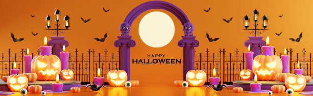 3d渲染插图设计万圣节横幅与南瓜，十字架，头骨，蜡烛，糖果，赠品盒，背景上的坟墓。图片下载