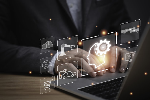 商人利用笔记本电脑键盘配合AI或人工智能技术来操作包括聊天机器人、汽车驾驶、控制机器人等机器概念。图片下载
