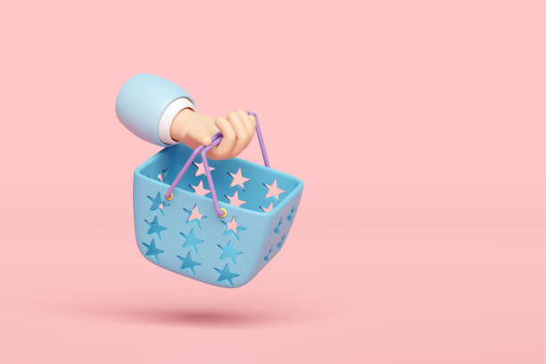 手持购物车，篮子孤立在粉红色的背景。3d渲染图图片下载