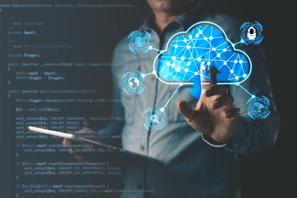 人摸云计算图显示在手。数据存储。利用在线数字网络技术开展商业活动，在网上数字市场买卖商业图片下载