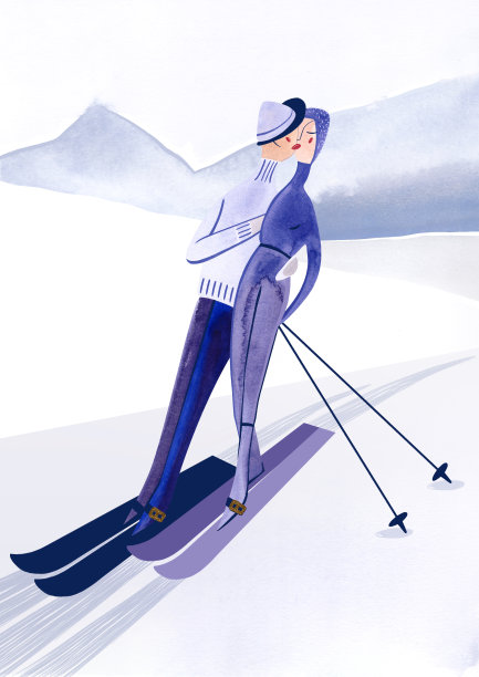 A3水彩海报一对相爱的夫妇在一个滑雪胜地。吻。复古风格。明信片。墙艺术。山的风景。假期。冬天的观点。白色和蓝色背景。休息。室内绘画。图片下载