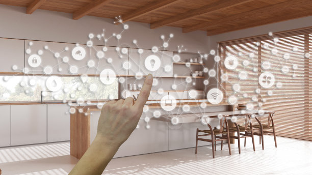 发光的智能家居界面，几何背景，连接的线和点显示物联网系统，厨房内部的手指图标，家庭自动化概念图片下载