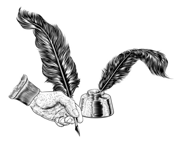 羽毛羽毛墨水钢笔手复古木刻印刷图片下载