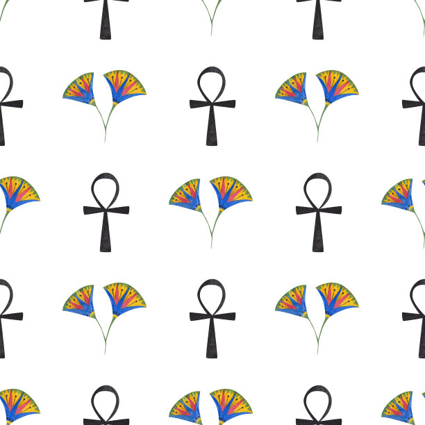 古埃及法老象征：安卡卡通无缝图案水彩画图片下载