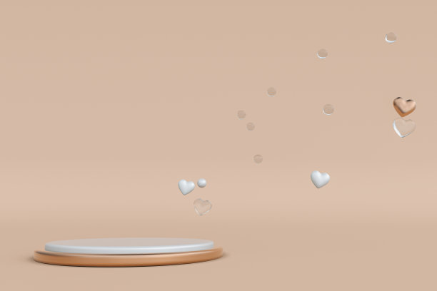 3D黄金情人节空讲台，基座上摆满浪漫的心。米色背景模板的销售促进。图片下载
