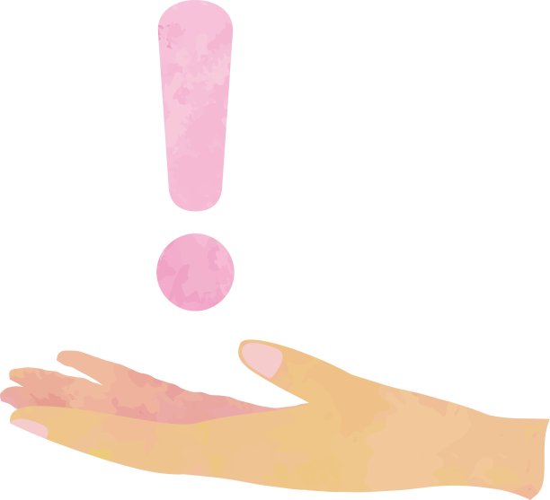 一个粉红色的感叹号漂浮在伸出的手/插图材料(矢量插图)上图片下载