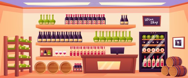 葡萄酒店、卡通金库或酒类商店。酒窖与瓶和桶，香槟和白酒生产的货架上的矢量场景图片下载