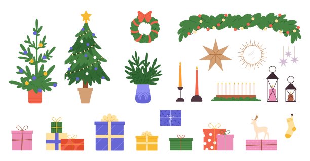 新年和圣诞节的家居装饰收藏。房子装饰，圣诞树，礼品盒和蜡烛。斯堪的纳维亚风格的冬季假期矢量集图片下载