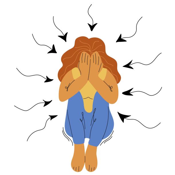 坐着的年轻女子因压力而哭泣，并因精神障碍而感到沮丧。头痛，抑郁，焦虑的概念图片下载