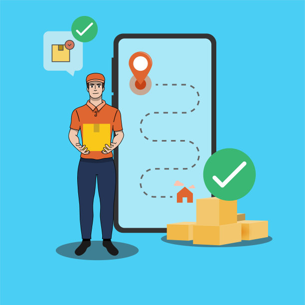 穿红色制服的送货员拿着硬纸板包裹图片下载