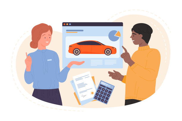 在网上购车，年轻的男性买家和女性经销商讨论汽车购买和合同图片下载