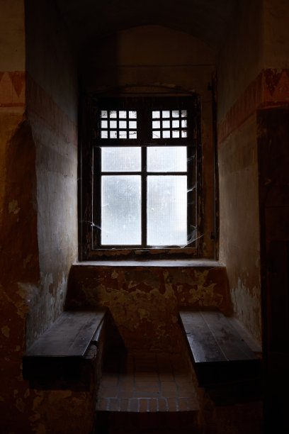 意大利某座中世纪建筑的窗户上有斑驳的树叶。图片下载