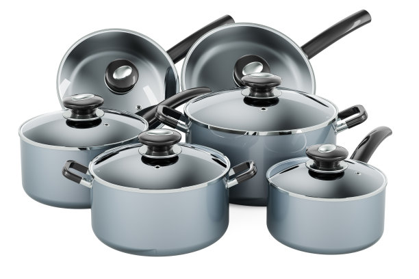 一套厨房用具和炊具。锅碗瓢盆，3D渲染图片下载