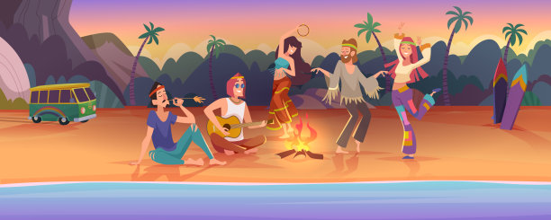 嬉皮的风景。自由的人快乐的嬉皮士生活方式的确切矢量卡通伍德斯托克背景图片下载