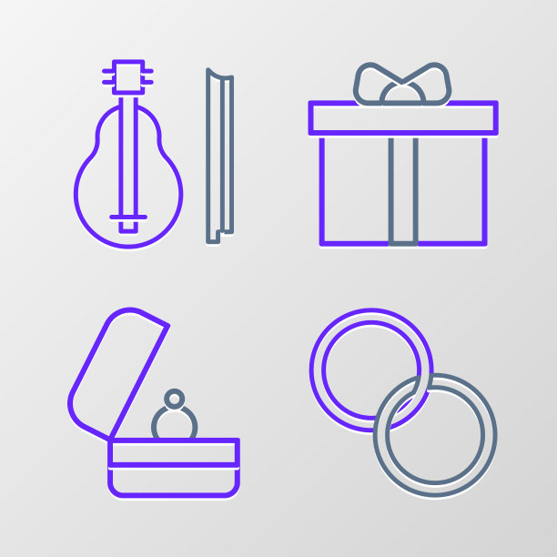 集行结婚戒指礼盒和小提琴图标图片下载