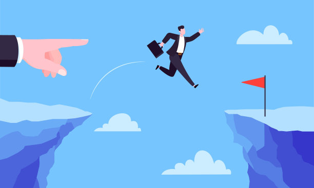 商人跳过深渊跨越悬崖平面风格设计矢量插图。图片下载